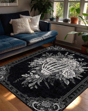 Gothic Skeleton Hand Rose Bouquet Rug, Dark Floral Carpet