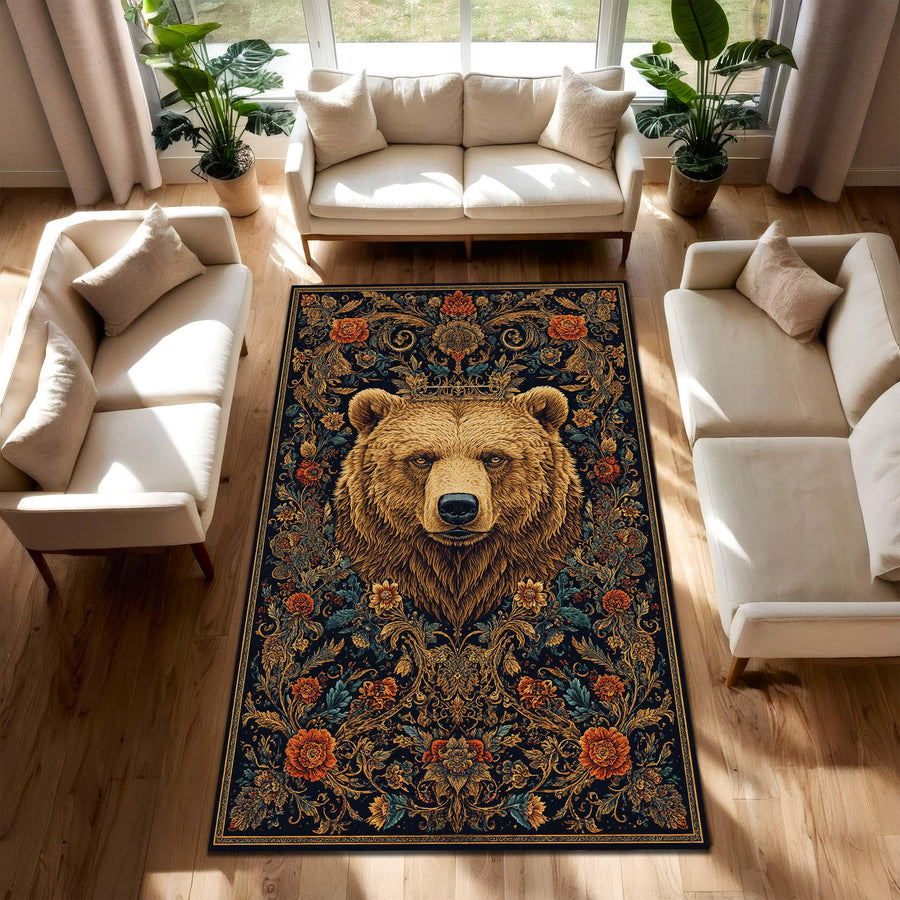 Bear Rug for Living Room – Vintage Floral Grizzly Area Rug, Rustic Lodge Decor, Boho Animal Carpet, Dark Botanical Pattern, Cozy Cabin Gift