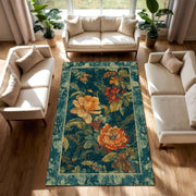 Vintage Floral Area Rug in Teal with Orange Botanical Blooms, Boho Living Room Carpet, Large Accent Rug for Bedroom, Cottagecore Decor