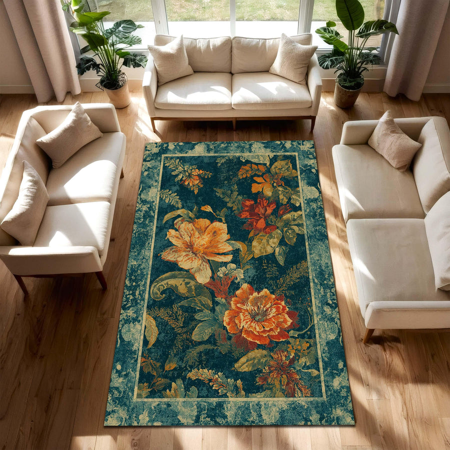 Vintage Floral Area Rug in Teal with Orange Botanical Blooms, Boho Living Room Carpet, Large Accent Rug for Bedroom, Cottagecore Decor