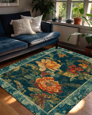 Vintage Floral Area Rug in Teal with Orange Botanical Blooms, Boho Living Room Carpet, Large Accent Rug for Bedroom, Cottagecore Decor