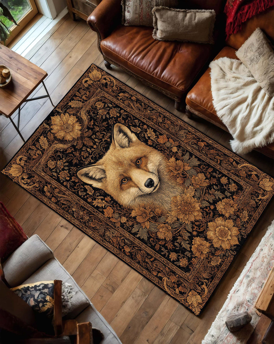 Cottagecore Fox Area Rug with Floral Oriental Pattern, Black and Gold Boho Carpet, Rustic Woodland Animal Decor for Living Room or Bedroom