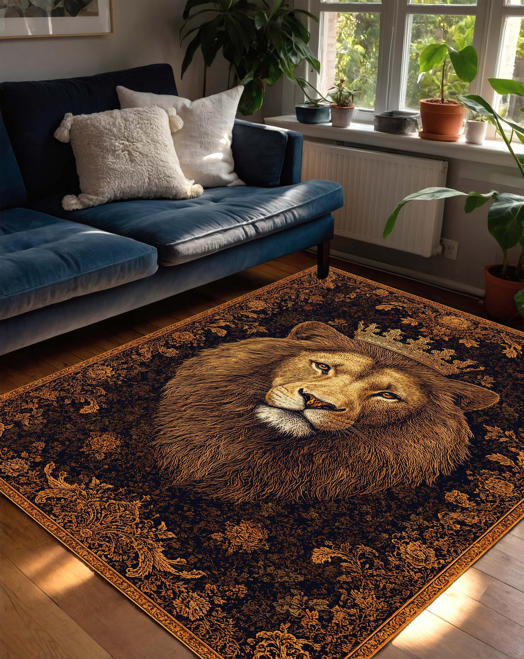 Regal Lion King Rug with Crown – Vintage Baroque Medallion Carpet, Lux Boho Rustic Area Rug for Living Room Bedroom and Office Decor