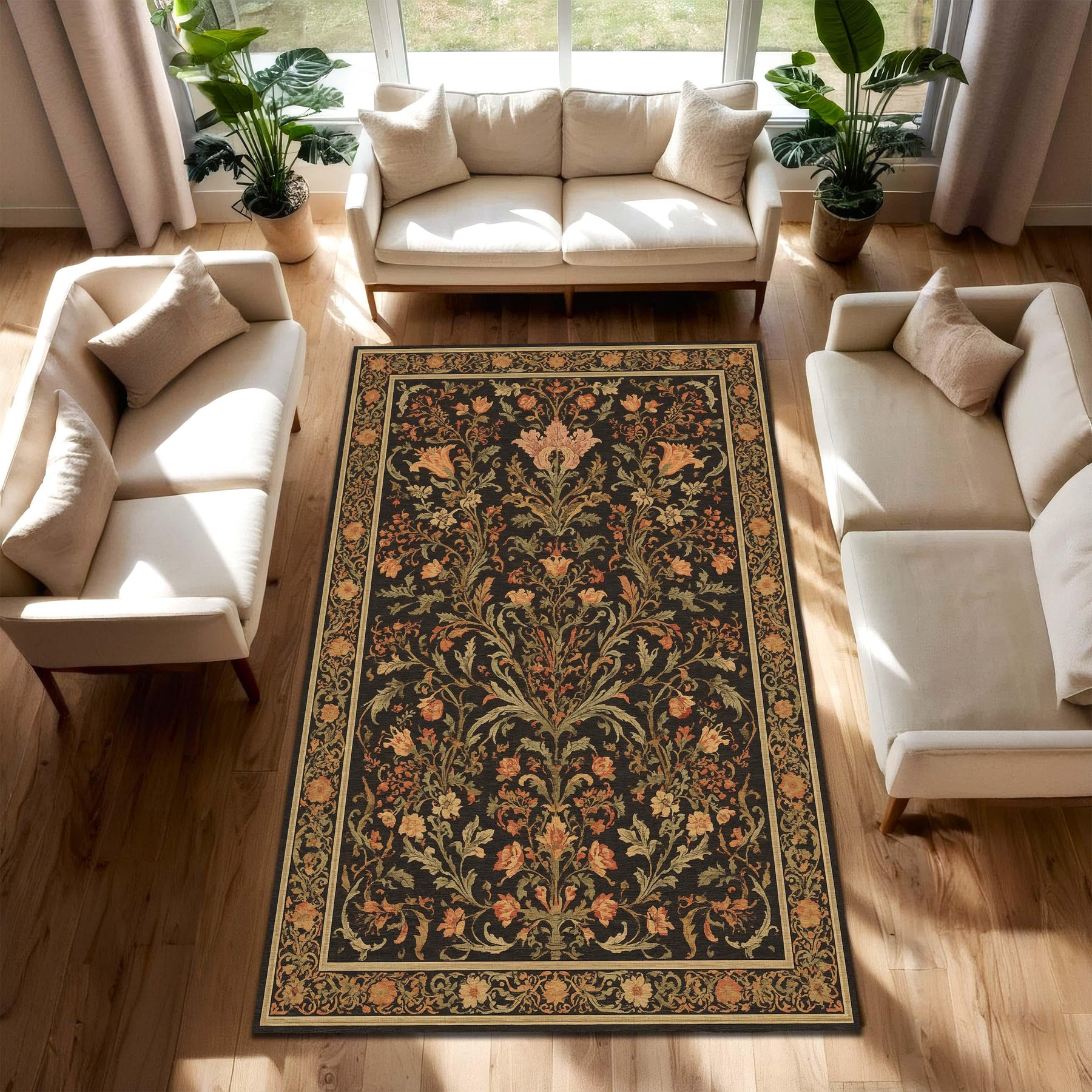 Vintage Floral Area Rug, Traditional Oriental Carpet with Black Botanical Pattern, Warm Earth Tones, Classic Living Room Home Decor