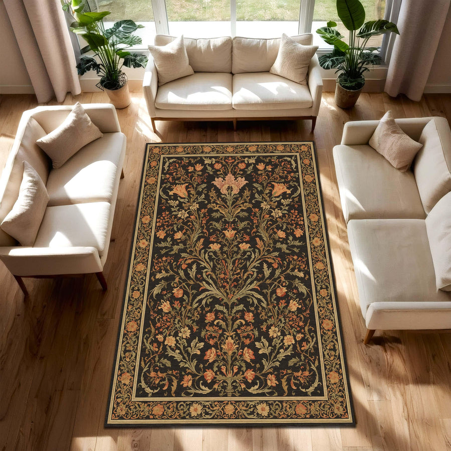 Vintage Floral Area Rug, Traditional Oriental Carpet with Black Botanical Pattern, Warm Earth Tones, Classic Living Room Home Decor