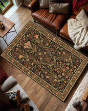 Vintage Floral Area Rug, Traditional Oriental Carpet with Black Botanical Pattern, Warm Earth Tones, Classic Living Room Home Decor