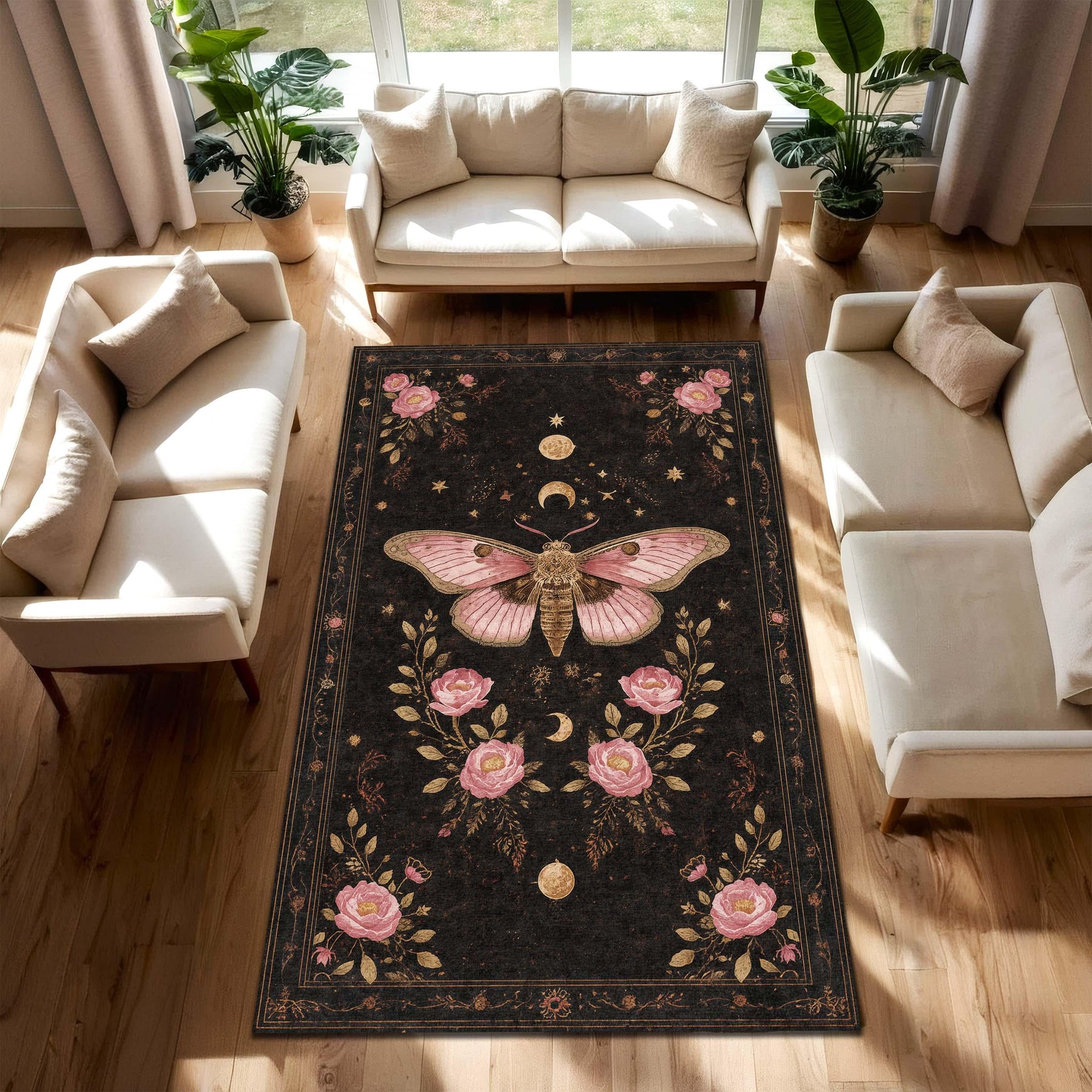 Gothic Moth Moon Floral Rug, Gothic Boho Area Carpet, Dark Botanical Rose Medallion, Pink Insect Celestial Decor for Living Room and Bedroom