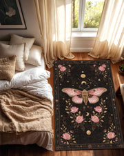 Gothic Moth Moon Floral Rug, Gothic Boho Area Carpet, Dark Botanical Rose Medallion, Pink Insect Celestial Decor for Living Room and Bedroom