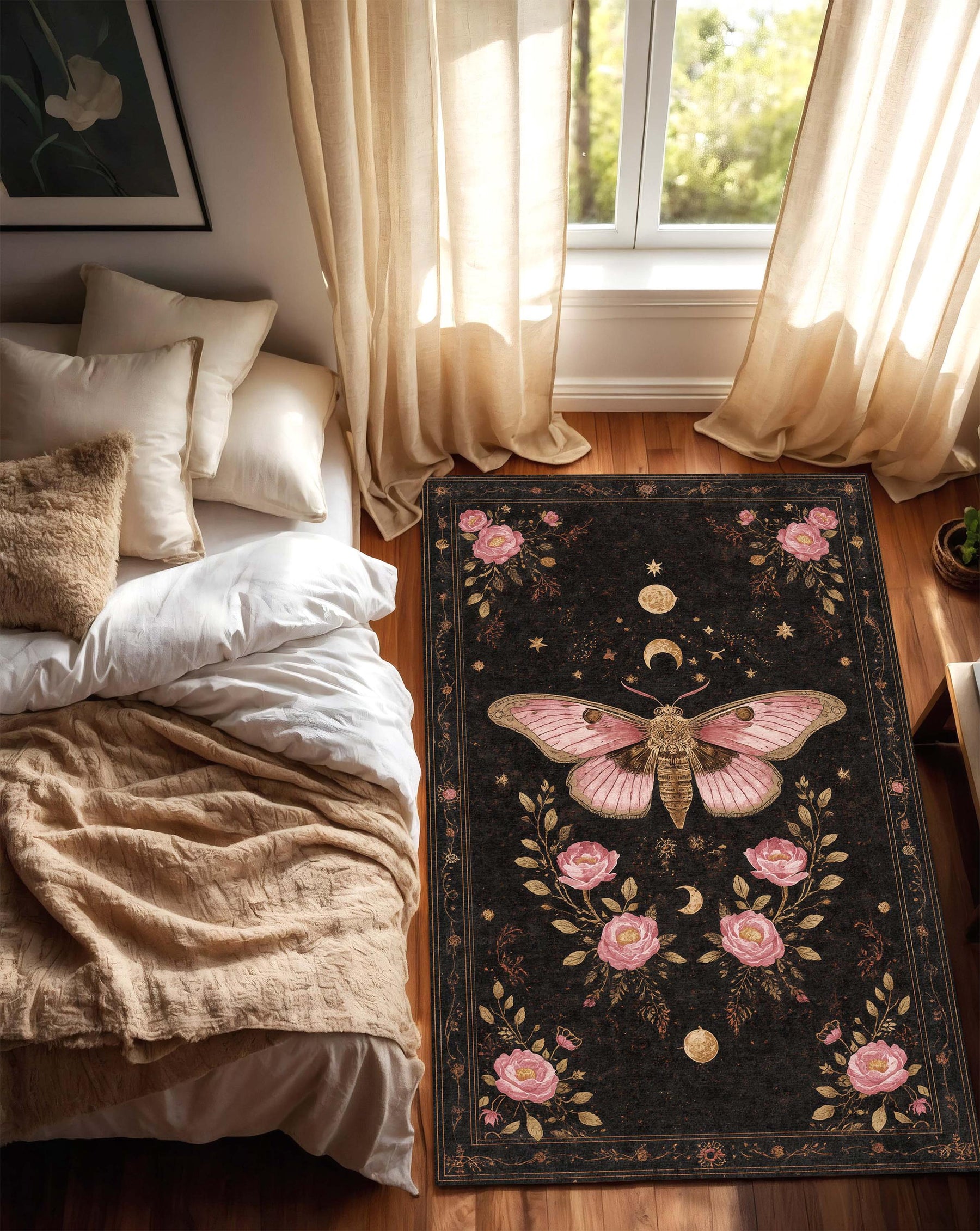 Gothic Moth Moon Floral Rug, Gothic Boho Area Carpet, Dark Botanical Rose Medallion, Pink Insect Celestial Decor for Living Room and Bedroom