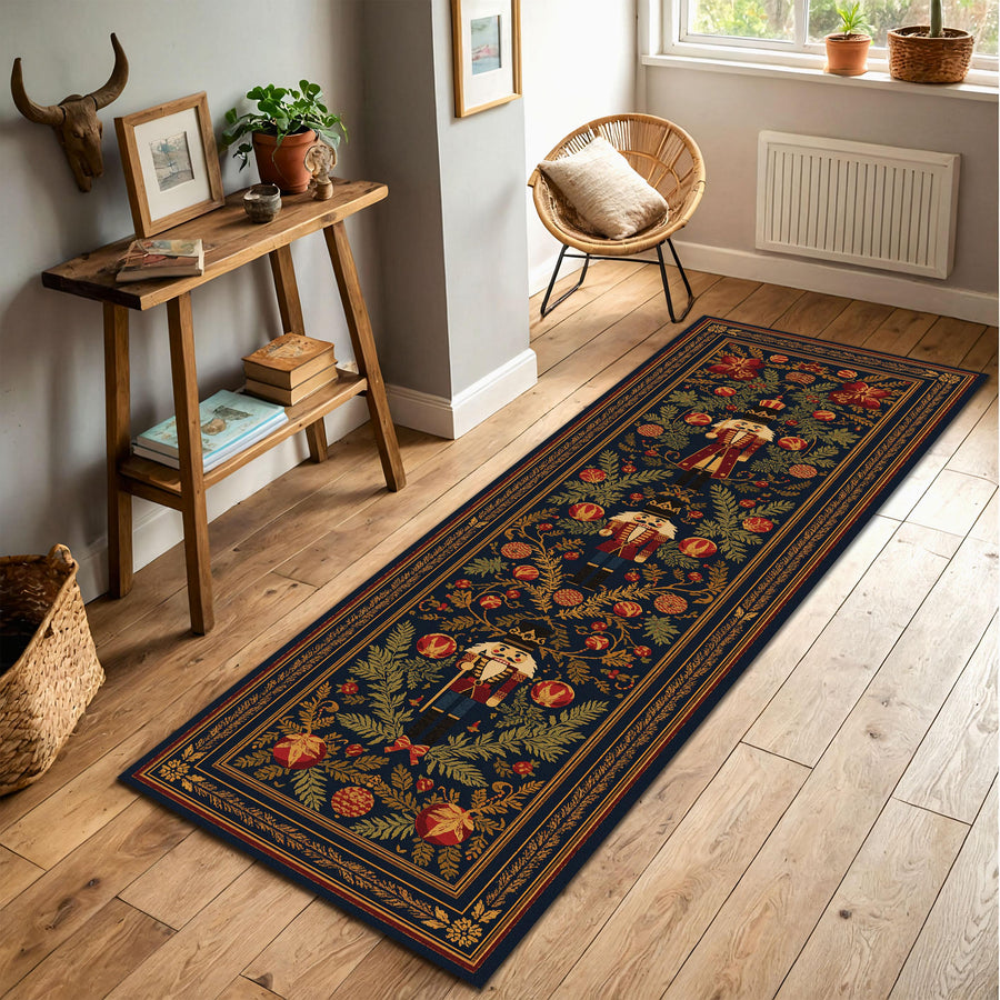 Nutcracker Christmas Runner Rug for Hallway, Vintage Navy Holiday Carpet with Ornaments and Pine, Festive Entryway Floor Decor, Winter Gift