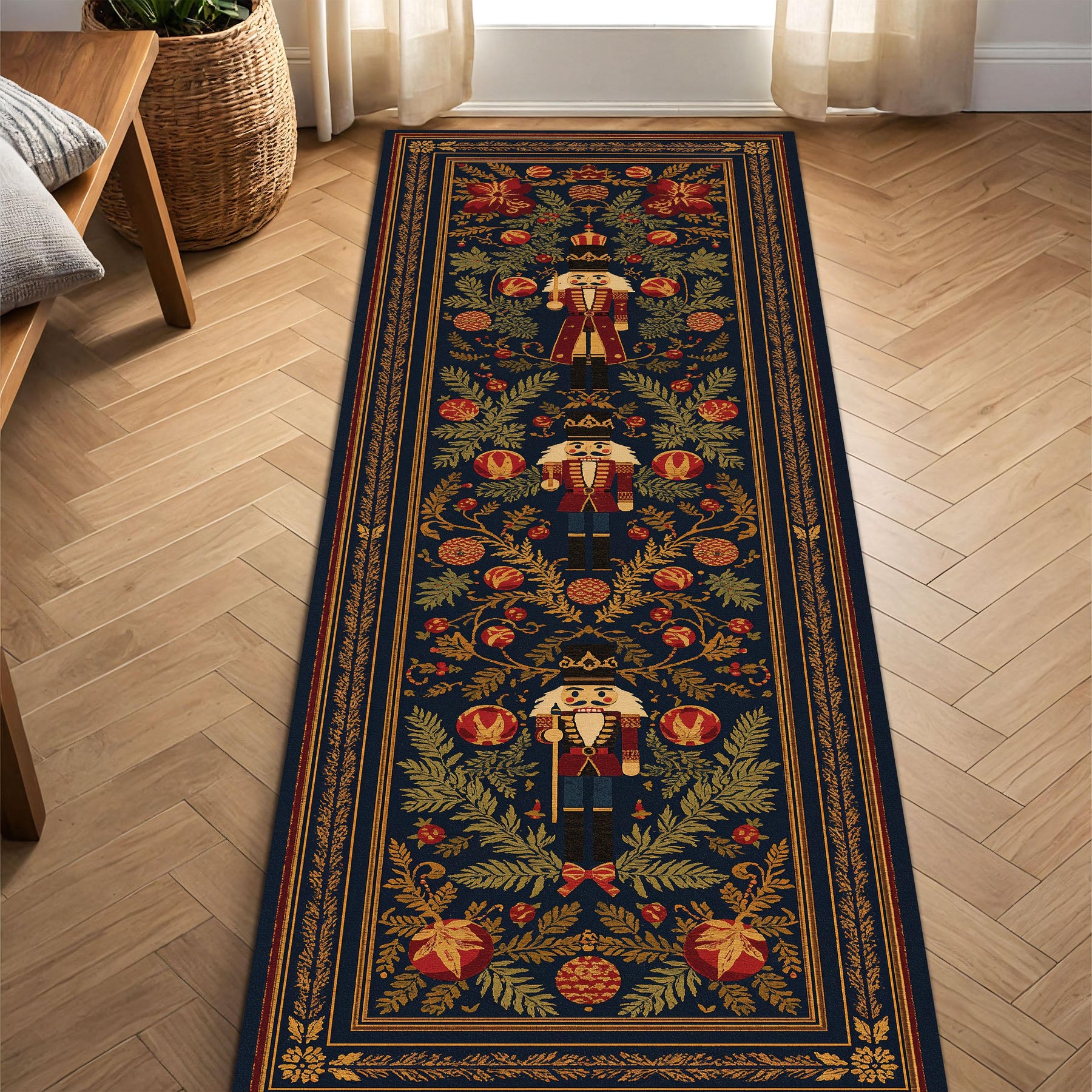 Nutcracker Christmas Runner Rug for Hallway, Vintage Navy Holiday Carpet with Ornaments and Pine, Festive Entryway Floor Decor, Winter Gift