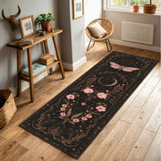 Gothic Floral Moth Moon Runner Rug, Celestial Black Hallway Carpet, Vintage Boho Witchy Decor for Living Room Entryway or Bedroom Decor