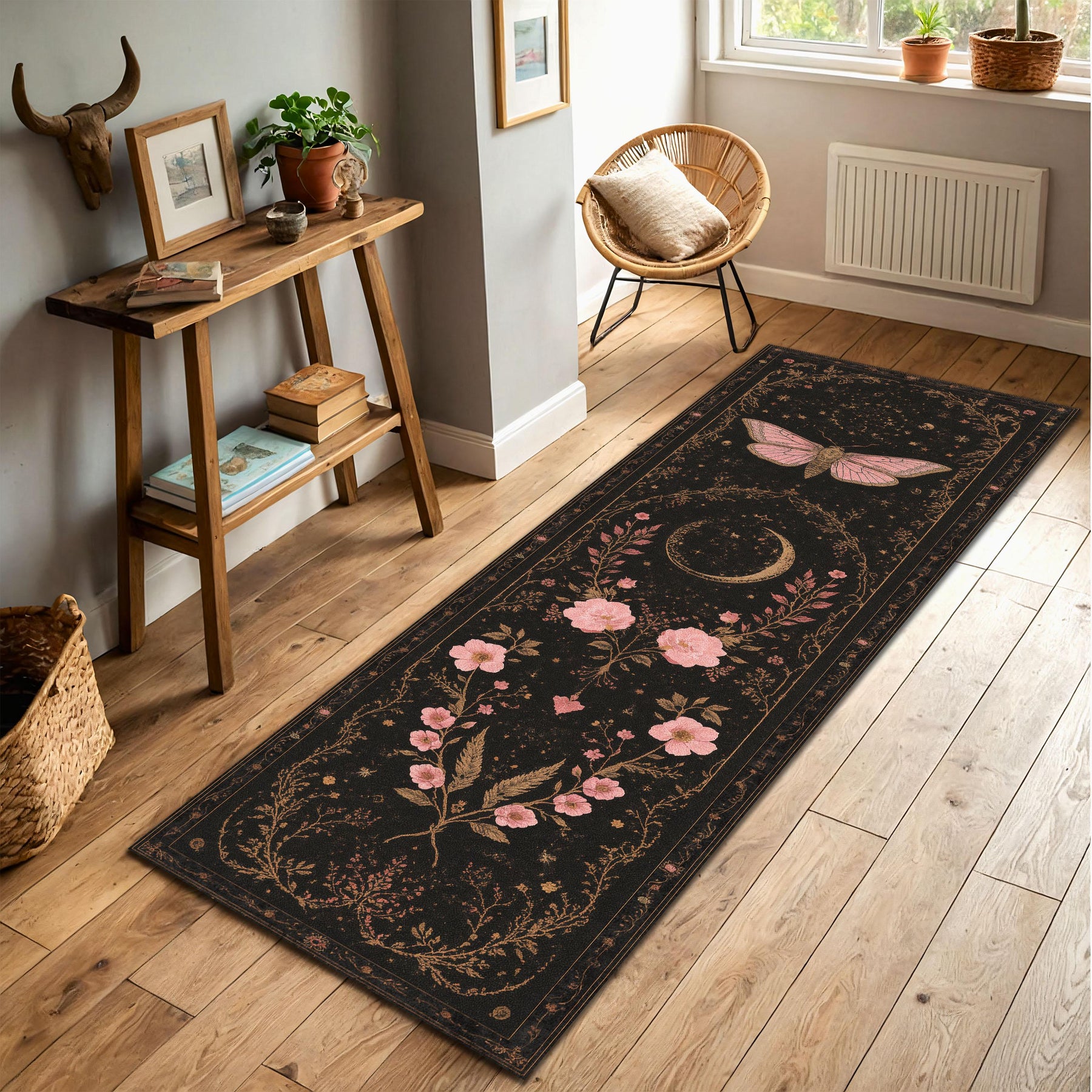 Gothic Floral Moth Moon Runner Rug, Celestial Black Hallway Carpet, Vintage Boho Witchy Decor for Living Room Entryway or Bedroom Decor