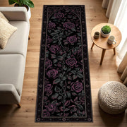 Black Rose Runner Rug, Gothic Floral Hallway Carpet, Dark Romantic Purple Roses Area Runner for Living Room Bedroom or Entryway Decor