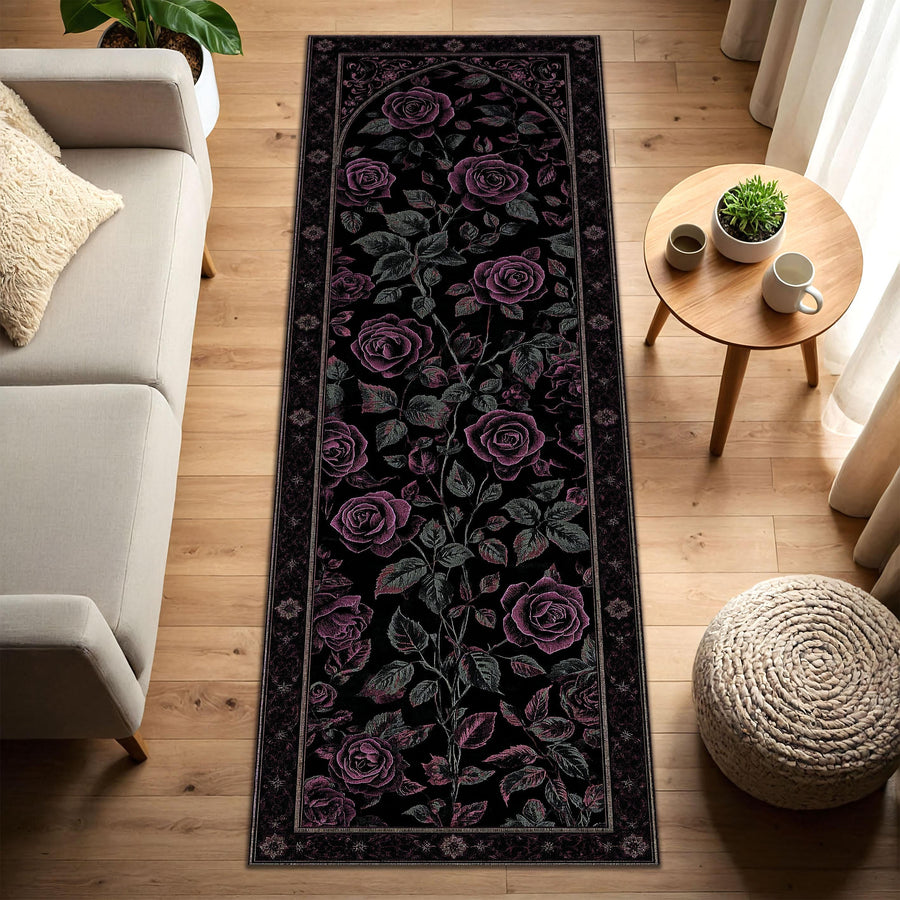 Black Rose Runner Rug, Gothic Floral Hallway Carpet, Dark Romantic Purple Roses Area Runner for Living Room Bedroom or Entryway Decor