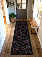 Black Rose Runner Rug, Gothic Floral Hallway Carpet, Dark Romantic Purple Roses Area Runner for Living Room Bedroom or Entryway Decor