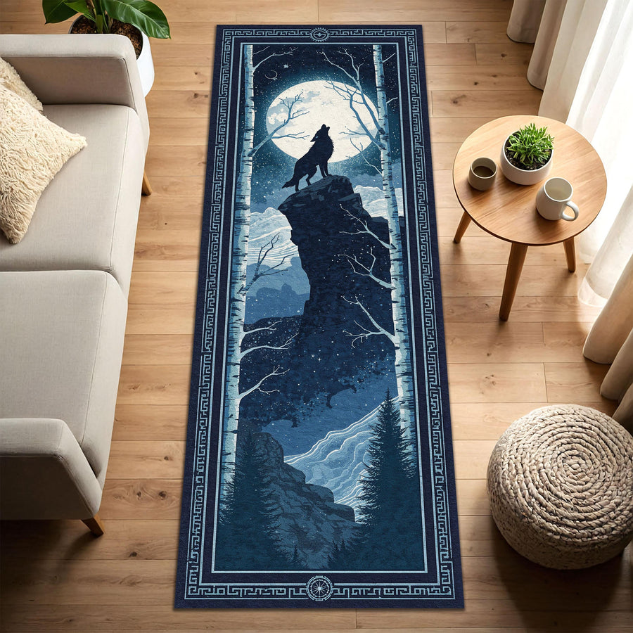 Moonlit Wolf Runner Rug for Hallway, Nordic Night Forest Carpet, Howling Wolf on Cliff Mat, Dark Blue Celestial Cabin Lodge Decor