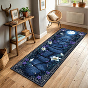 Moonlit Path Runner Rug, Mystical Floral Night Sky Carpet with Celestial Stars and Lilies, Non Slip Washable Hallway Runner Home Decor