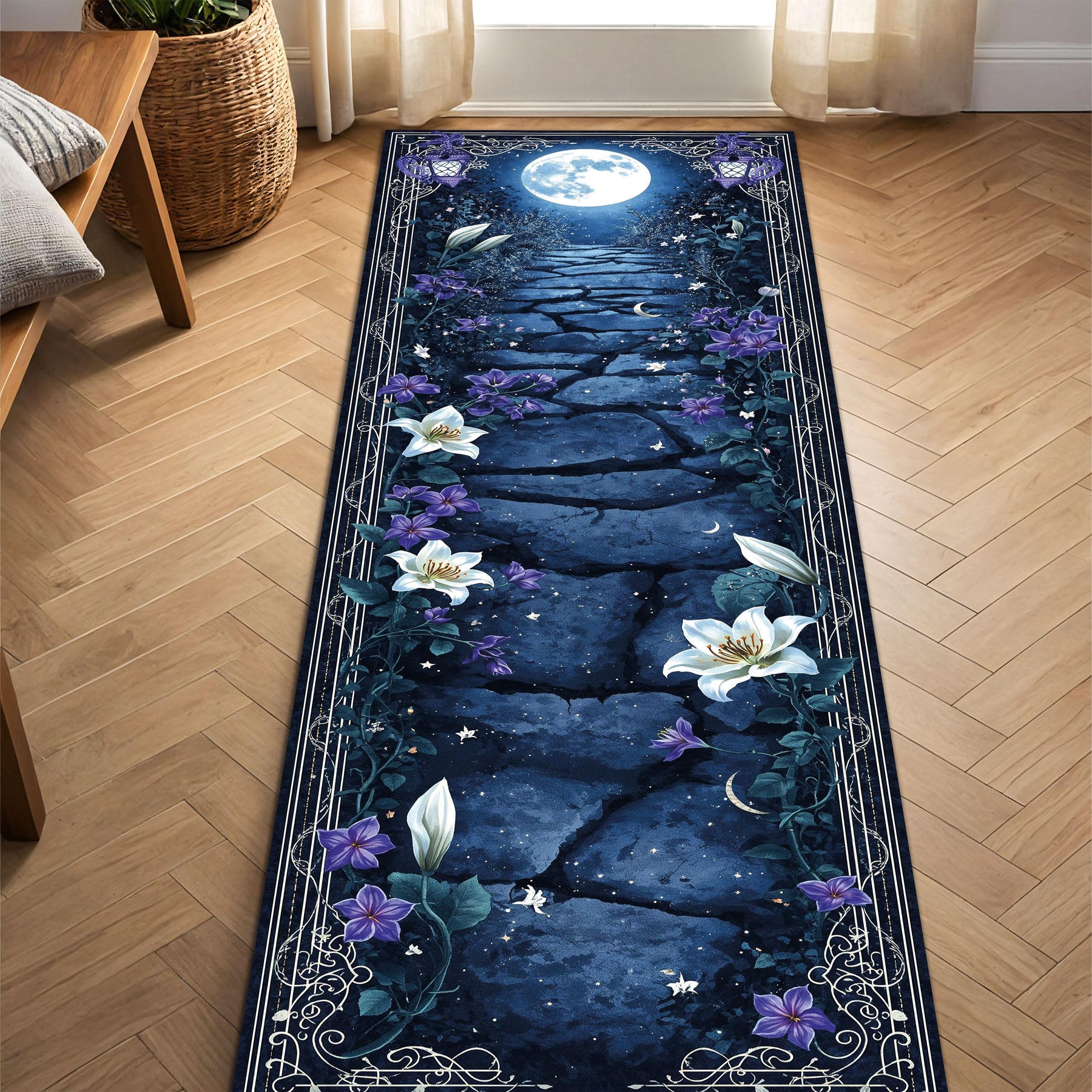 Moonlit Path Runner Rug, Mystical Floral Night Sky Carpet with Celestial Stars and Lilies, Non Slip Washable Hallway Runner Home Decor