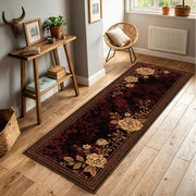 Vintage Floral Runner Rug in Burgundy and Gold, Elegant Hallway Carpet Runner, Antique Style Botanical Pattern, Living Room Entryway Decor