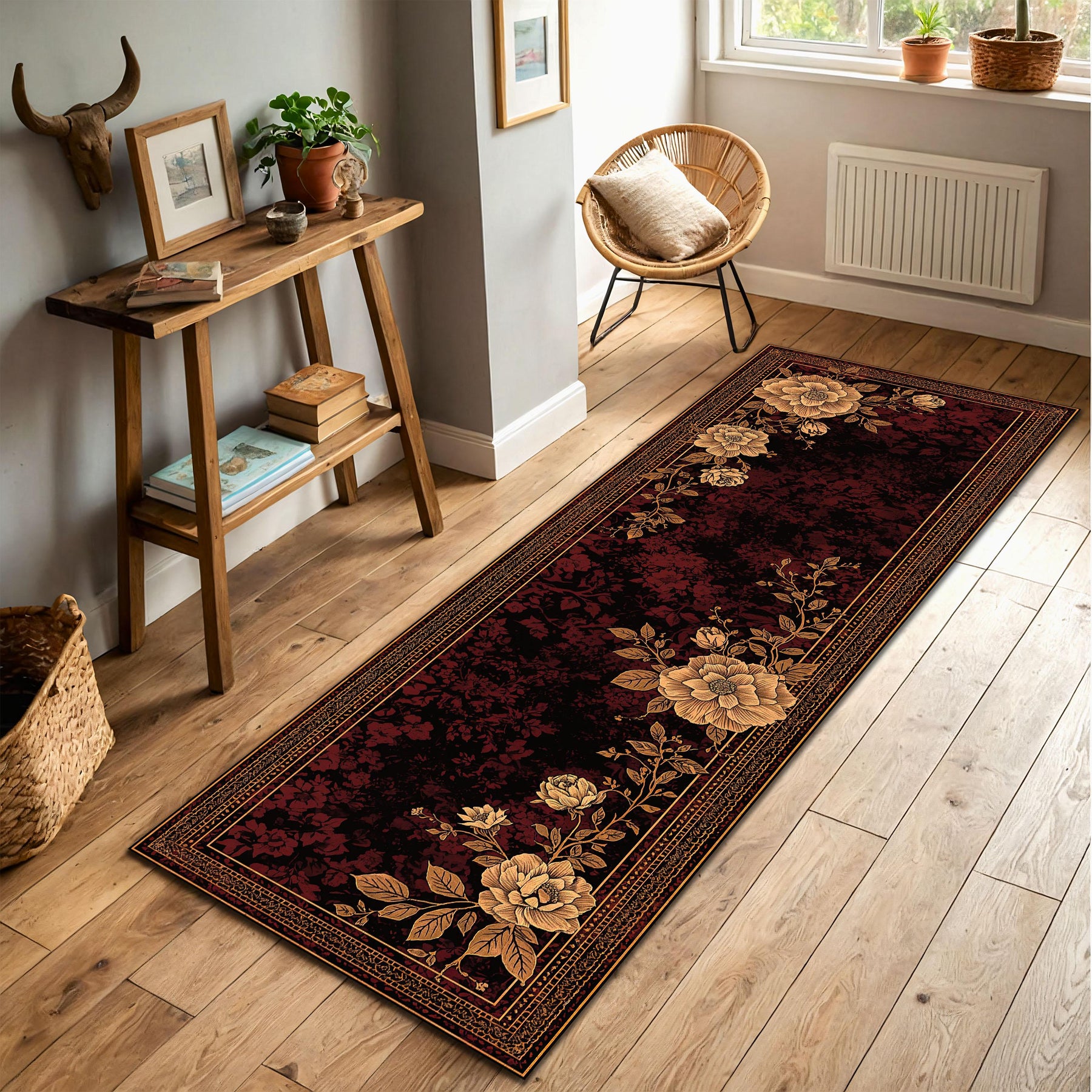 Vintage Floral Runner Rug in Burgundy and Gold, Elegant Hallway Carpet Runner, Antique Style Botanical Pattern, Living Room Entryway Decor