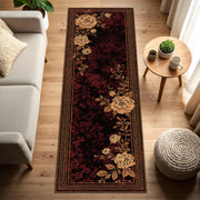 Vintage Floral Runner Rug in Burgundy and Gold, Elegant Hallway Carpet Runner, Antique Style Botanical Pattern, Living Room Entryway Decor