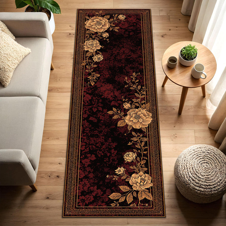 Vintage Floral Runner Rug in Burgundy and Gold, Elegant Hallway Carpet Runner, Antique Style Botanical Pattern, Living Room Entryway Decor