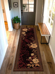 Vintage Floral Runner Rug in Burgundy and Gold, Elegant Hallway Carpet Runner, Antique Style Botanical Pattern, Living Room Entryway Decor