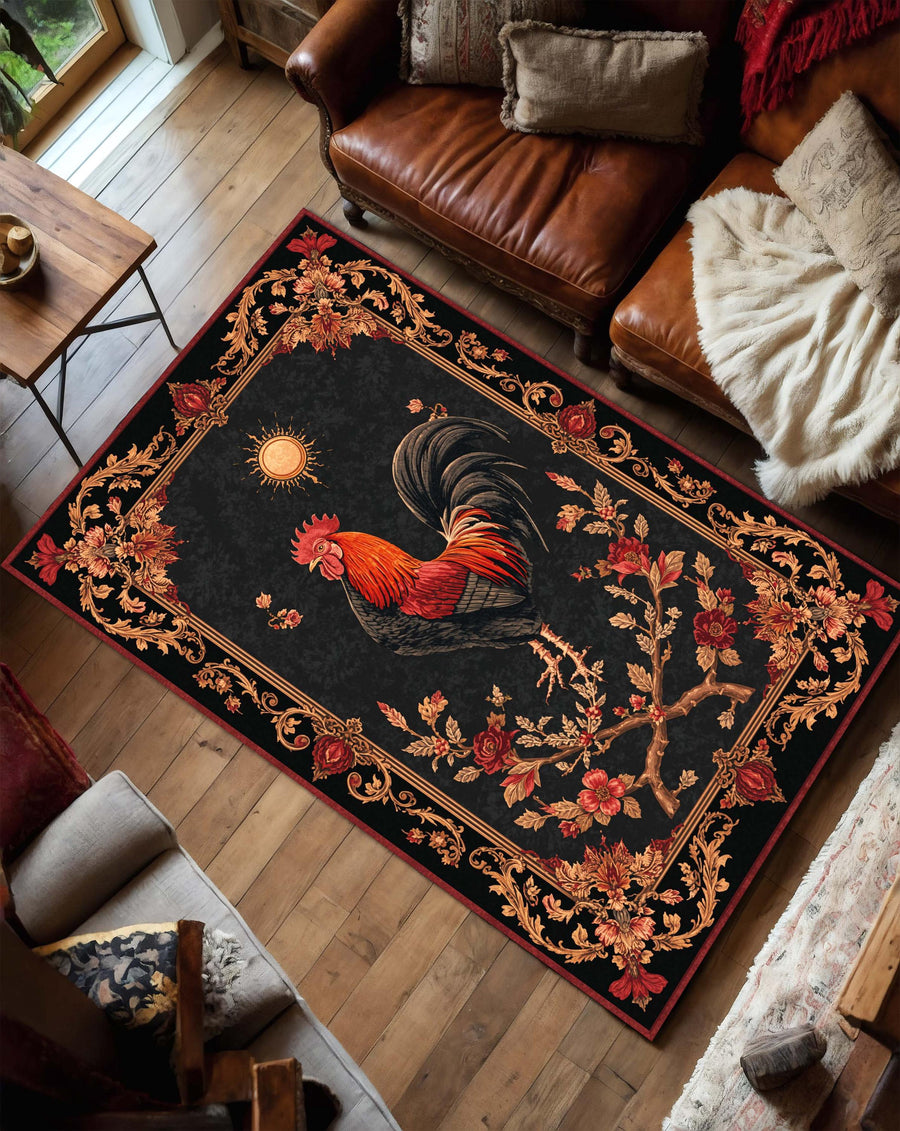 Vintage Rooster Rug with Baroque Floral Border, Black Farmhouse Area Carpet for Living Room, Rustic French Country Decor, Ornate Accent