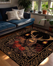 Stag Deer Floral Area Rug in Black and Gold – Woodland Boho Vintage Carpet for Living Room and Bedroom, Rustic Lodge Cozy Nature Decor