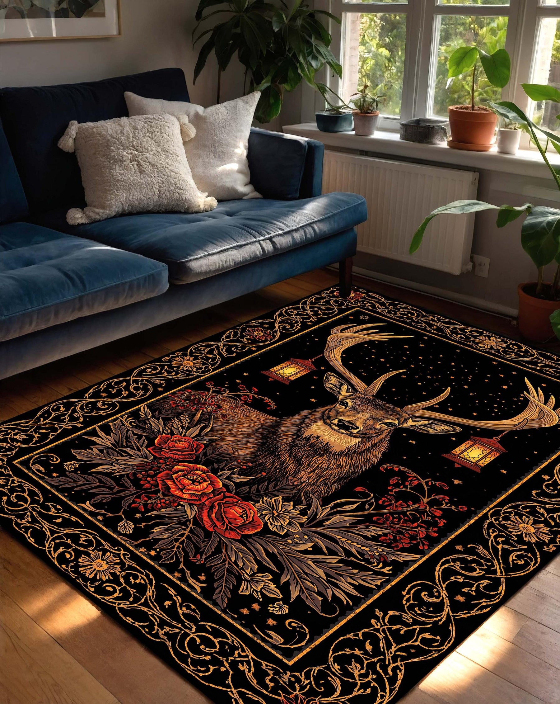 Stag Deer Floral Area Rug in Black and Gold – Woodland Boho Vintage Carpet for Living Room and Bedroom, Rustic Lodge Cozy Nature Decor
