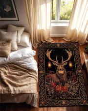 Stag Deer Floral Area Rug in Black and Gold – Woodland Boho Vintage Carpet for Living Room and Bedroom, Rustic Lodge Cozy Nature Decor