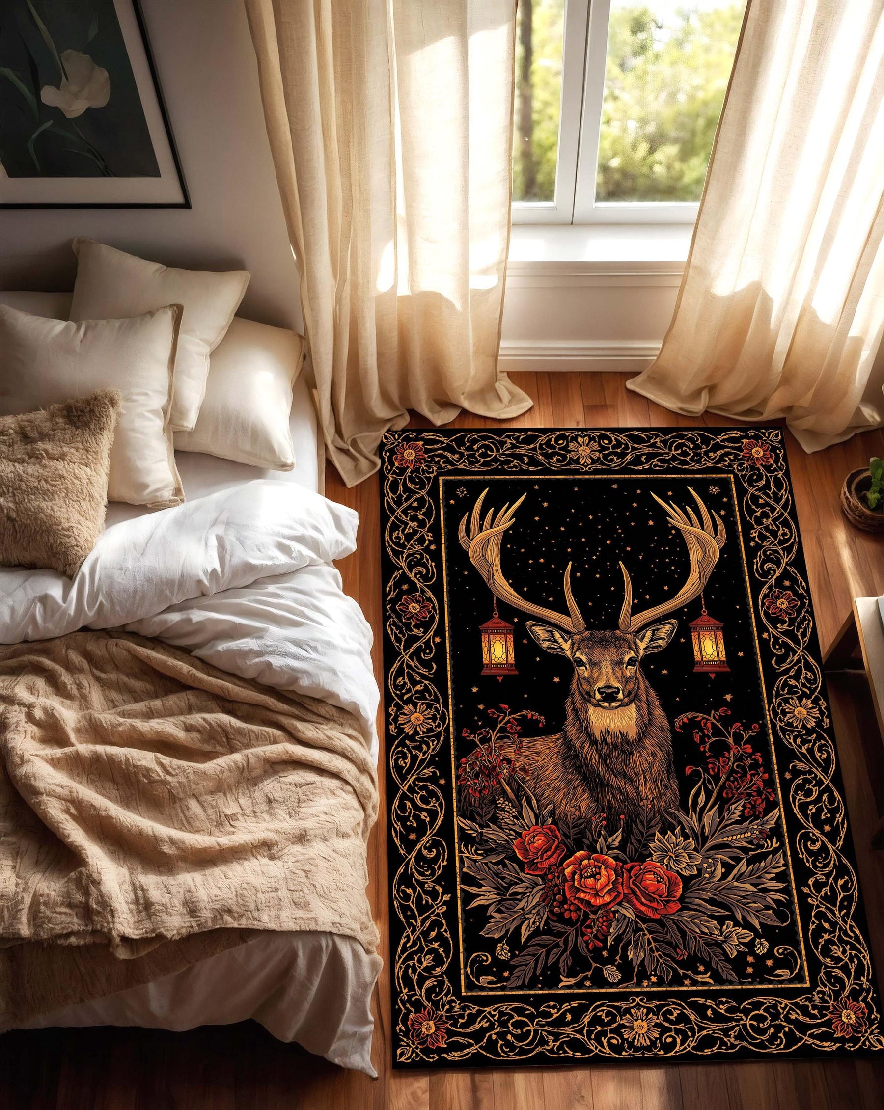 Stag Deer Floral Area Rug in Black and Gold – Woodland Boho Vintage Carpet for Living Room and Bedroom, Rustic Lodge Cozy Nature Decor