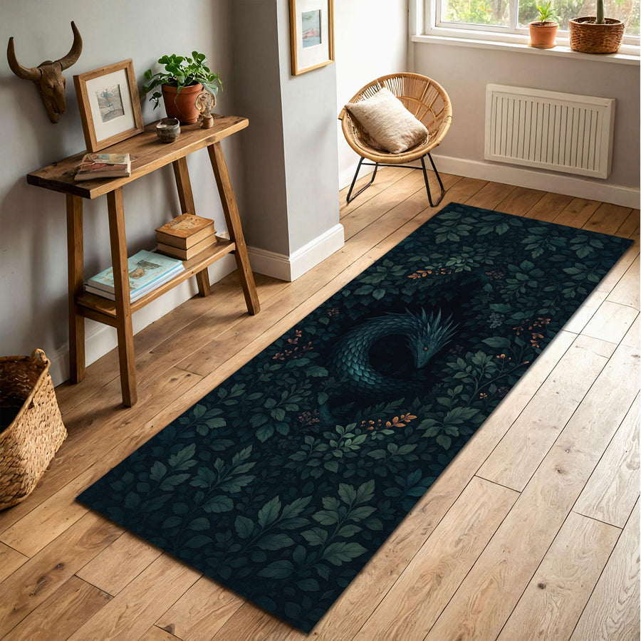Forest Dragon Runner Rug, Dark Green Fantasy Foliage Carpet, Mystical Serpent Area Rug for Living Room Hallway Bedroom Home Decor