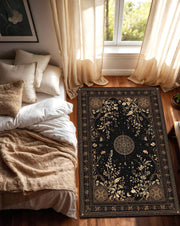 Celestial Botanical Black Area Rug, Moon Star Constellation Carpet, Vintage Boho Mystical Living Room Decor, Gothic Witchy Tapestry