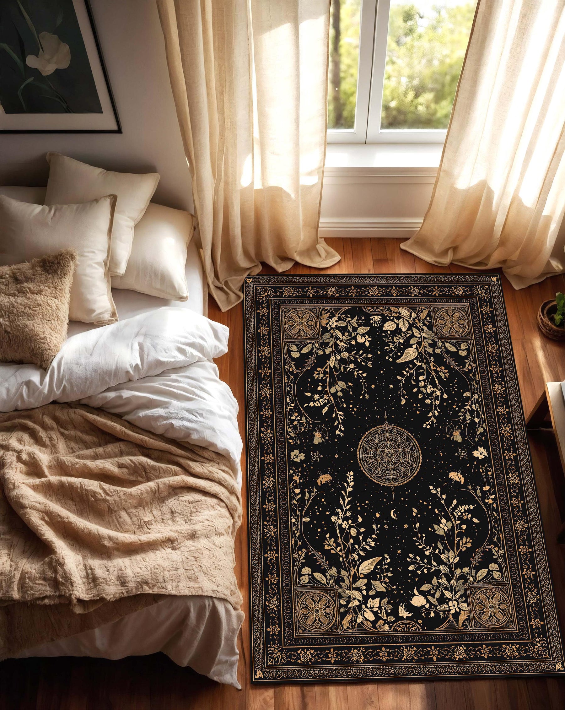 Celestial Botanical Black Area Rug, Moon Star Constellation Carpet, Vintage Boho Mystical Living Room Decor, Gothic Witchy Tapestry