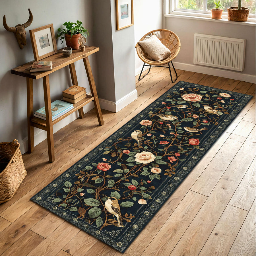 Vintage Floral Bird Runner Rug, Dark Botanical Hallway Carpet, Cottagecore Area Runner for Living Room, Kitchen or Entryway Decor Style