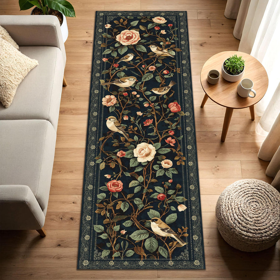 Vintage Floral Bird Runner Rug, Dark Botanical Hallway Carpet, Cottagecore Area Runner for Living Room, Kitchen or Entryway Decor Style