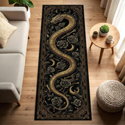 Gothic Snake Rug Runner, Black Gold Occult Crescent Moon Floral Corridor Carpet, Witchy Celestial Hallway Mat, Dark Boho Home Decor