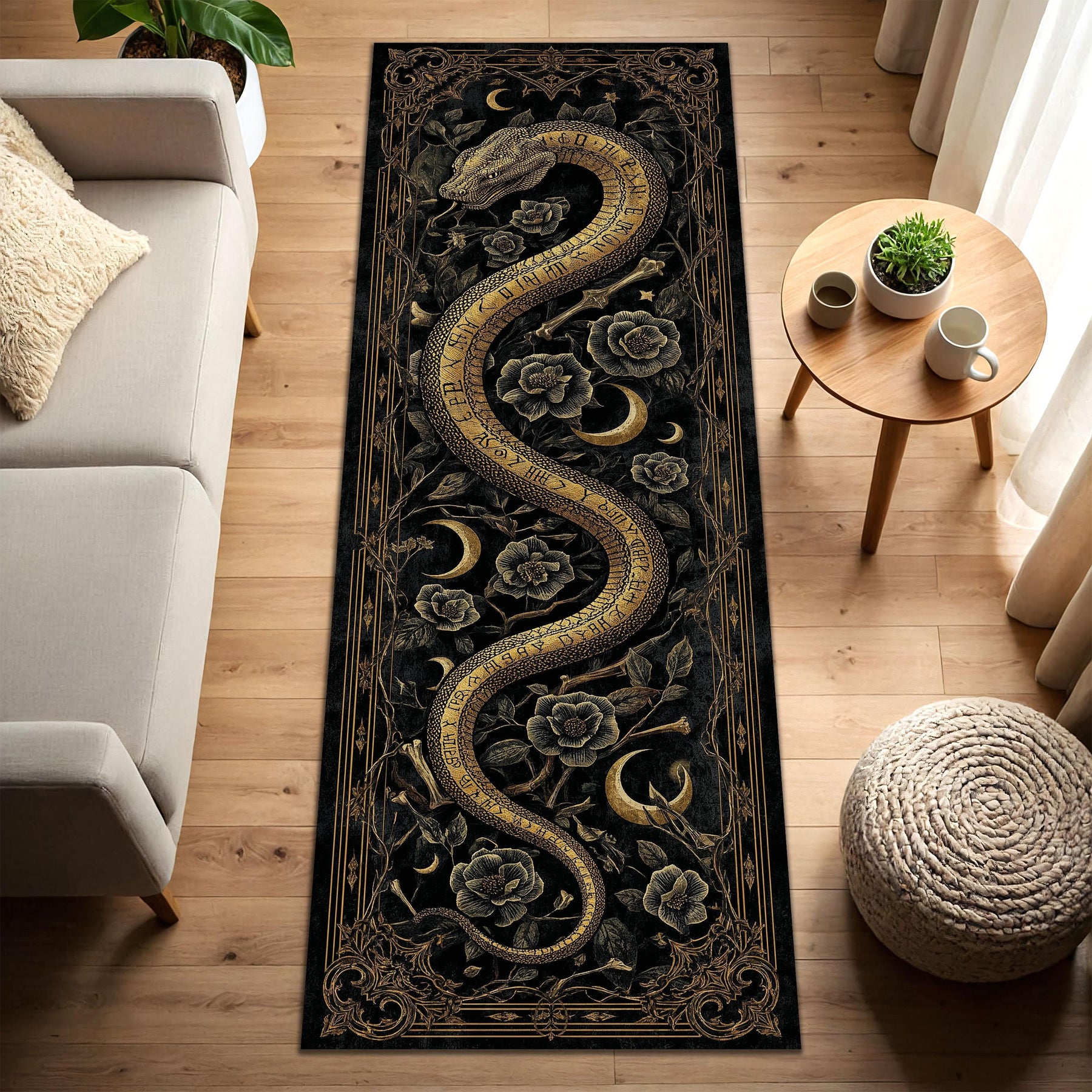 Gothic Snake Rug Runner, Black Gold Occult Crescent Moon Floral Corridor Carpet, Witchy Celestial Hallway Mat, Dark Boho Home Decor