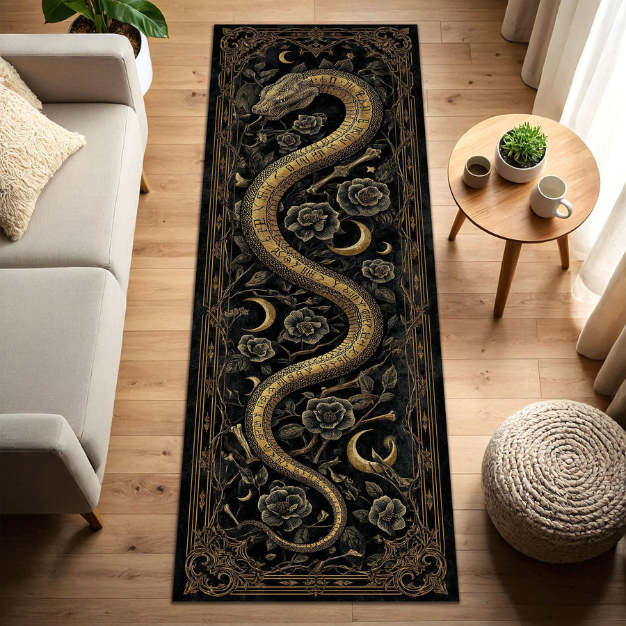 Gothic Snake Rug Runner, Black Gold Occult Crescent Moon Floral Corridor Carpet, Witchy Celestial Hallway Mat, Dark Boho Home Decor