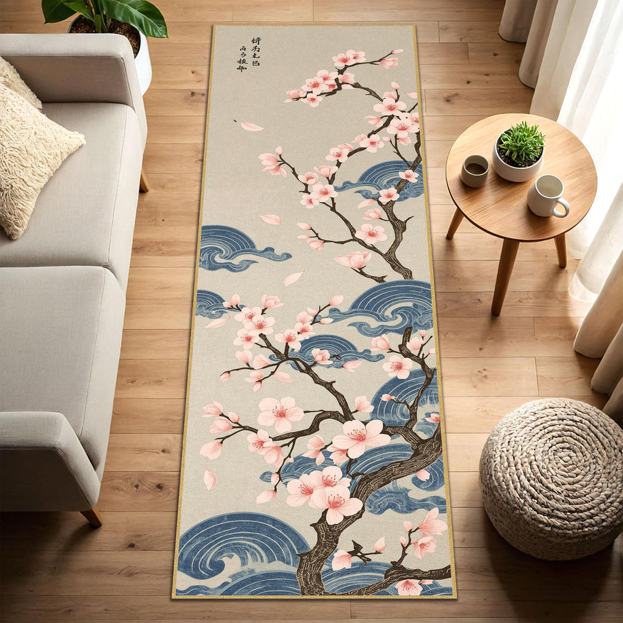 Japanese Cherry Blossom Runner Rug, Sakura Tree & Blue Wave Hallway Carpet, Oriental Floral Floor Decor for Living Room Entryway Home