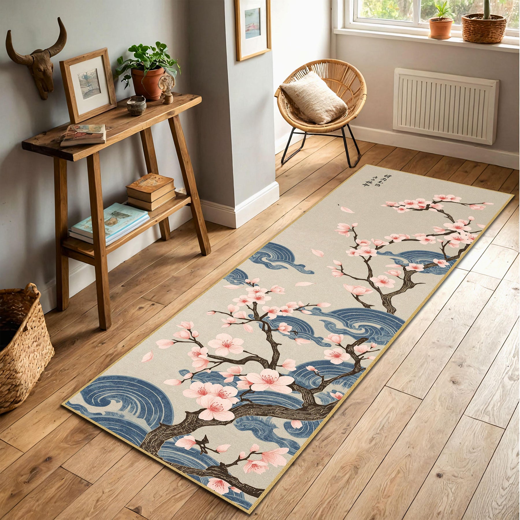 Japanese Cherry Blossom Runner Rug, Sakura Tree & Blue Wave Hallway Carpet, Oriental Floral Floor Decor for Living Room Entryway Home