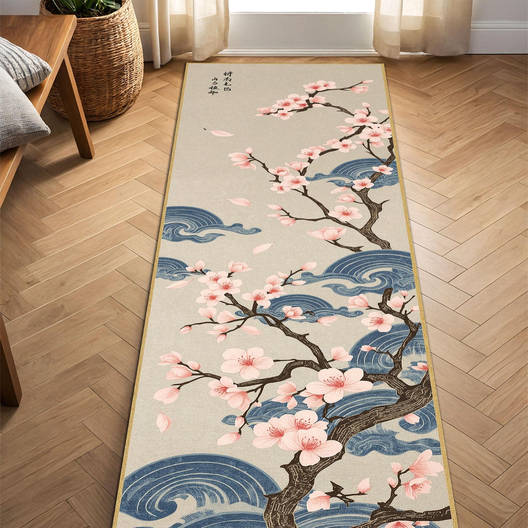 Japanese Cherry Blossom Runner Rug, Sakura Tree & Blue Wave Hallway Carpet, Oriental Floral Floor Decor for Living Room Entryway Home