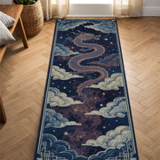 Oriental Dragon Runner Rug, Blue Celestial Cloud Hallway Carpet, Chinese Mythical Serpent Art Decor for Living Room Entryway Runner