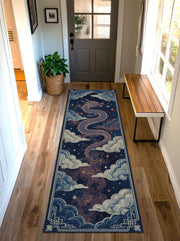 Oriental Dragon Runner Rug, Blue Celestial Cloud Hallway Carpet, Chinese Mythical Serpent Art Decor for Living Room Entryway Runner