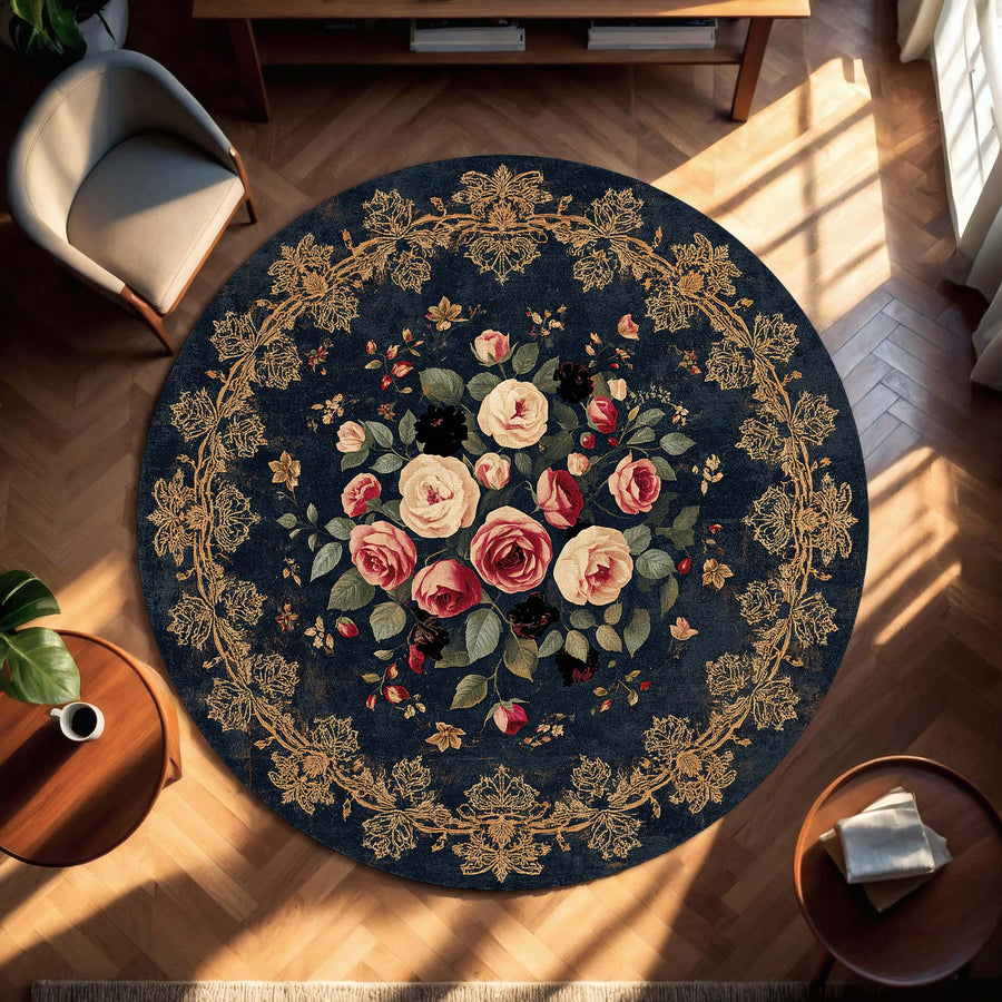Round Navy Floral Area Rug with Vintage Roses, Gold Border Carpet for Living Room or Bedroom Decor, Cottagecore Boho Circular Floor Mat