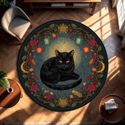 Round Witchy Black Cat Rug, Occult Boho Pentagram Floor Mat, Gothic Halloween Wiccan Decor for Living Room & Bedroom Area Carpet Decor