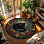 Round Witchy Black Cat Rug, Occult Boho Pentagram Floor Mat, Gothic Halloween Wiccan Decor for Living Room & Bedroom Area Carpet Decor