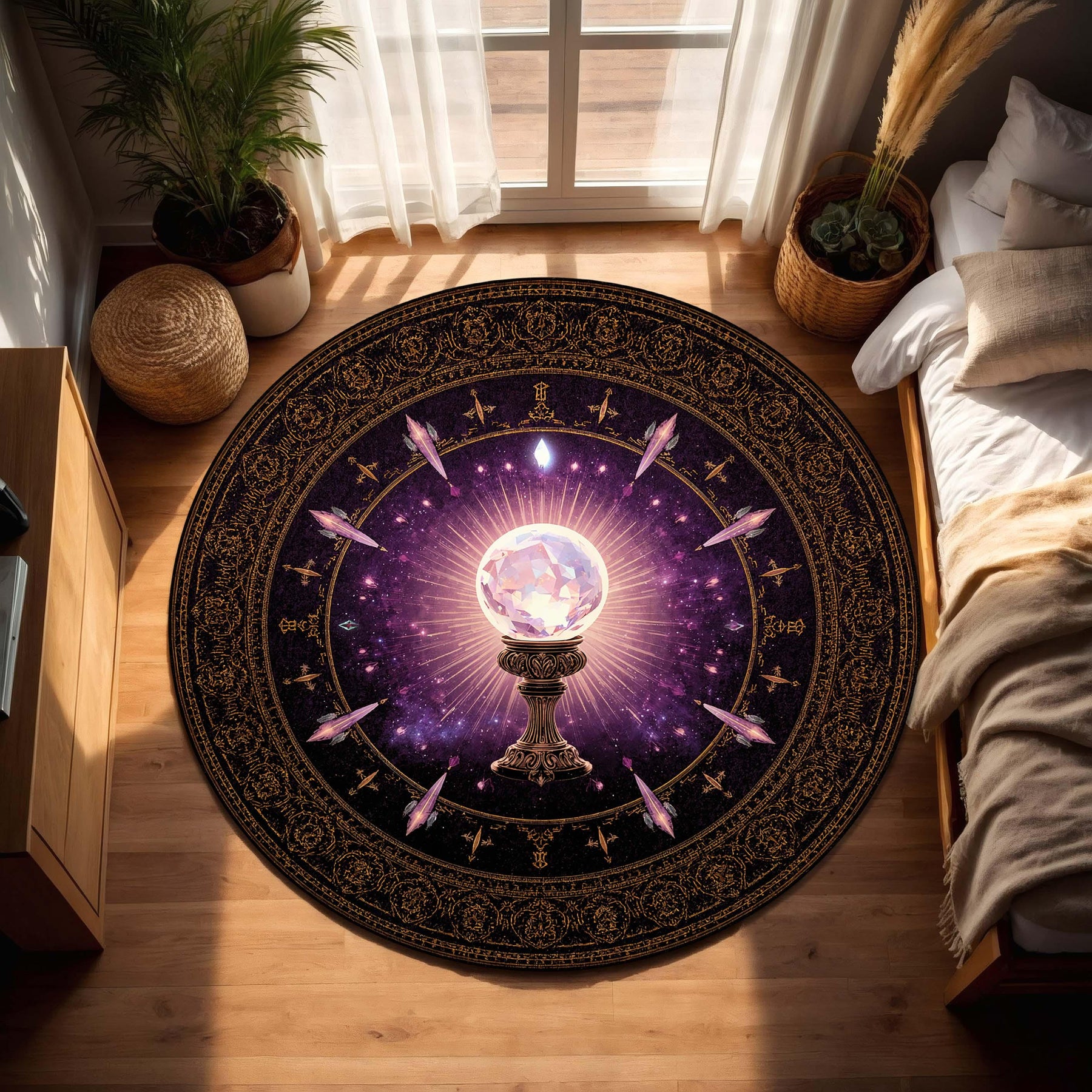 Mystic Crystal Ball Round Rug, Celestial Witchy Astrology Carpet for Living Room, Meditation Space, Boho Occult Altar Home Decor